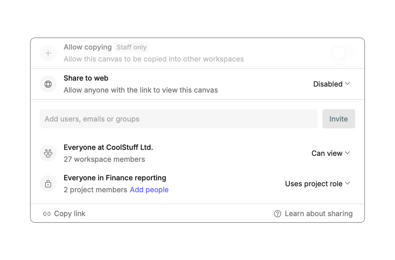 Share canvases and reports with fine-grain controls